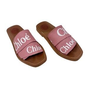 Chloé Woody Logo Slide Sandals Pink Canvas Leather Flat Slides EU 37